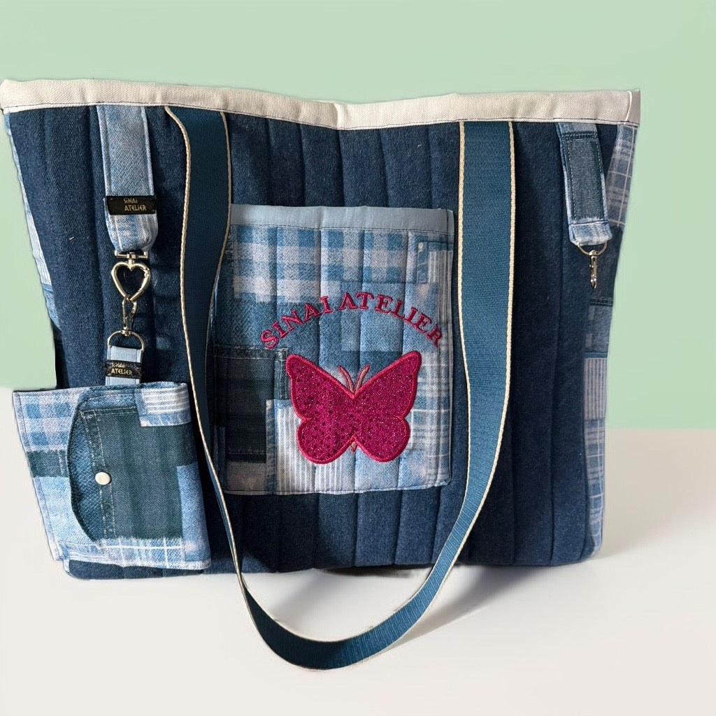 Patchwork Denim Butterfly Tote Bag