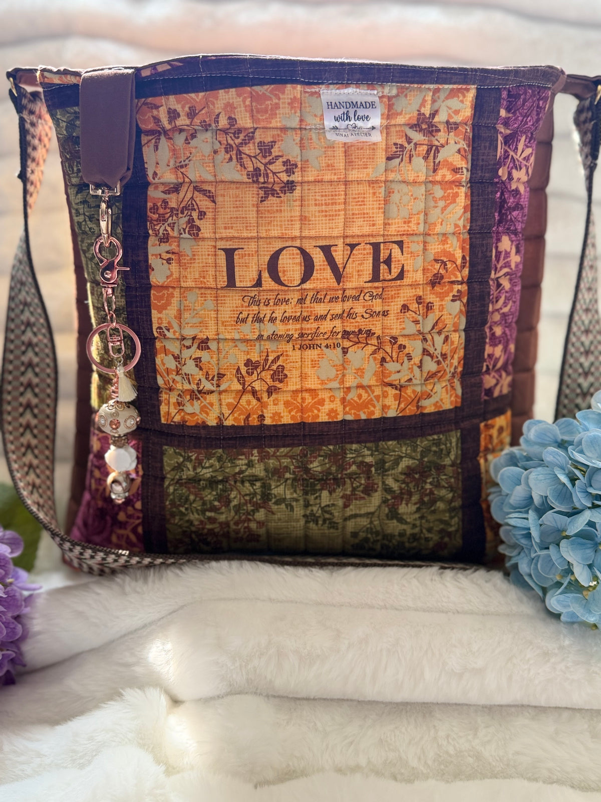 LOVE Scripture Quilted Crossbody Tote Bag
