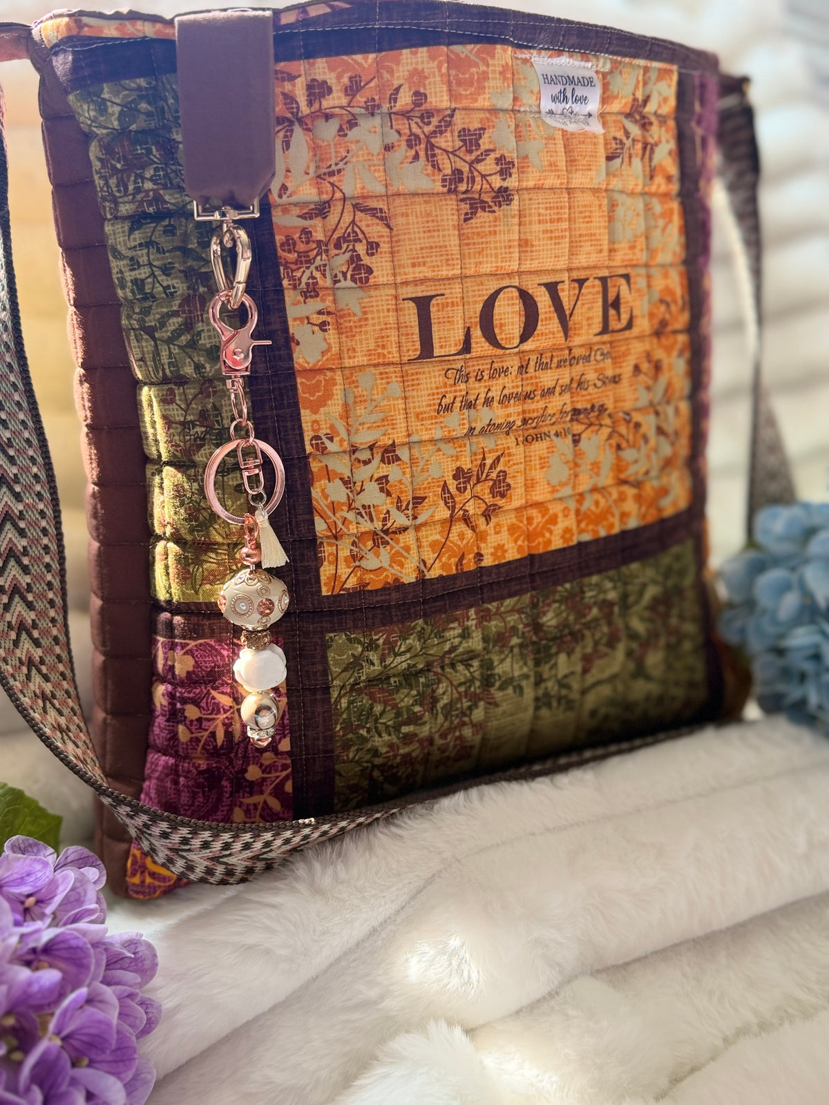 LOVE Scripture Quilted Crossbody Tote Bag