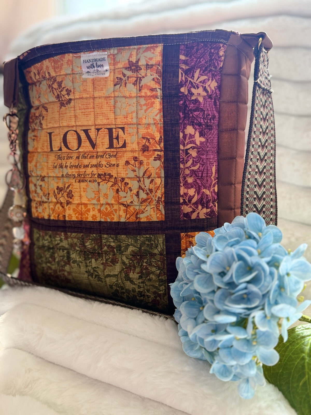 LOVE Scripture Quilted Crossbody Tote Bag