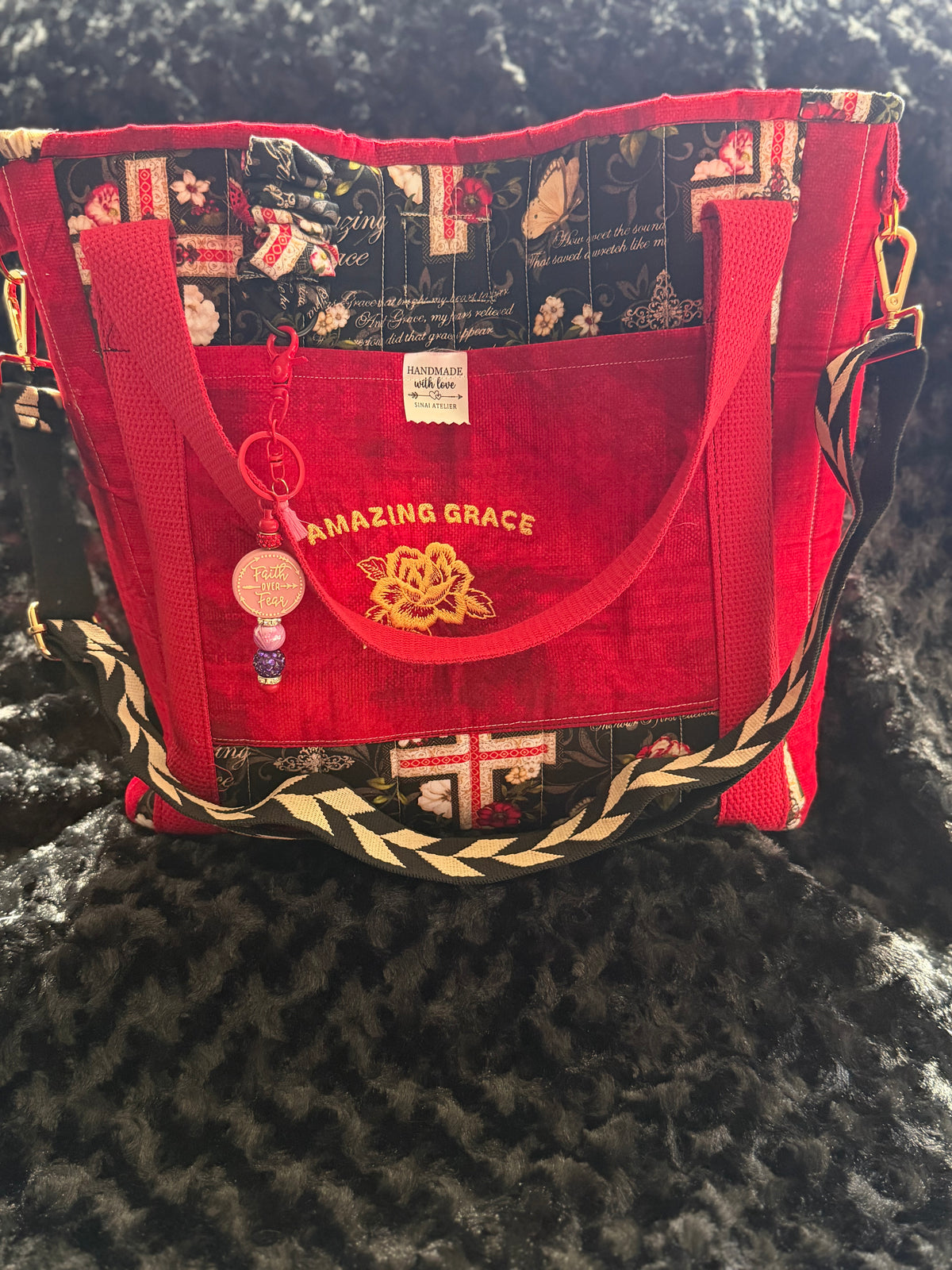 Amazing Grace Red Handmade Quilted Tote Bag
