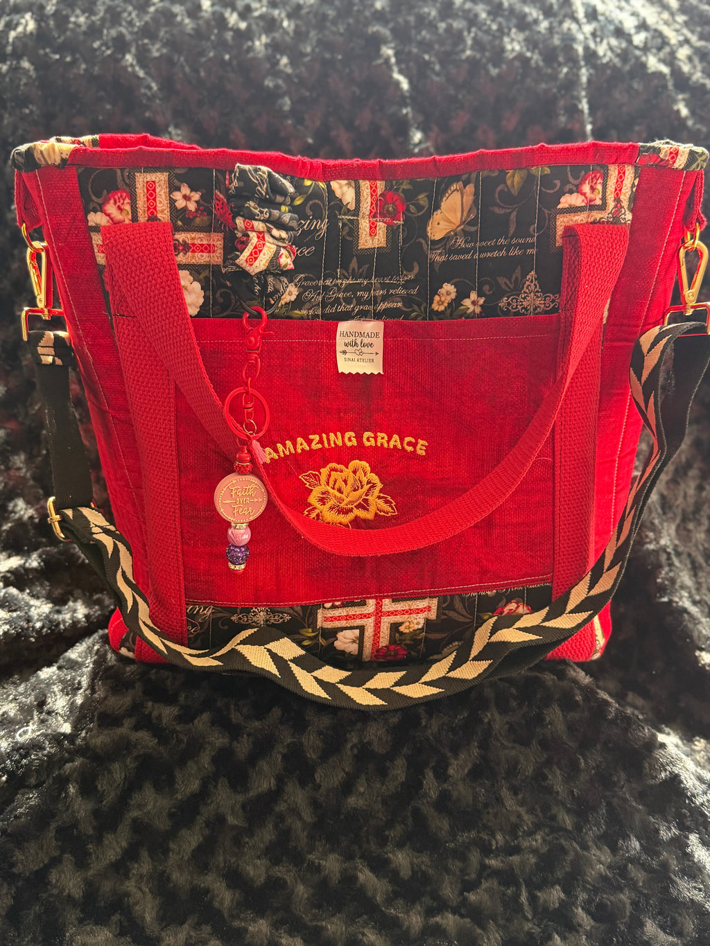 Amazing Grace Red Handmade Quilted Tote Bag