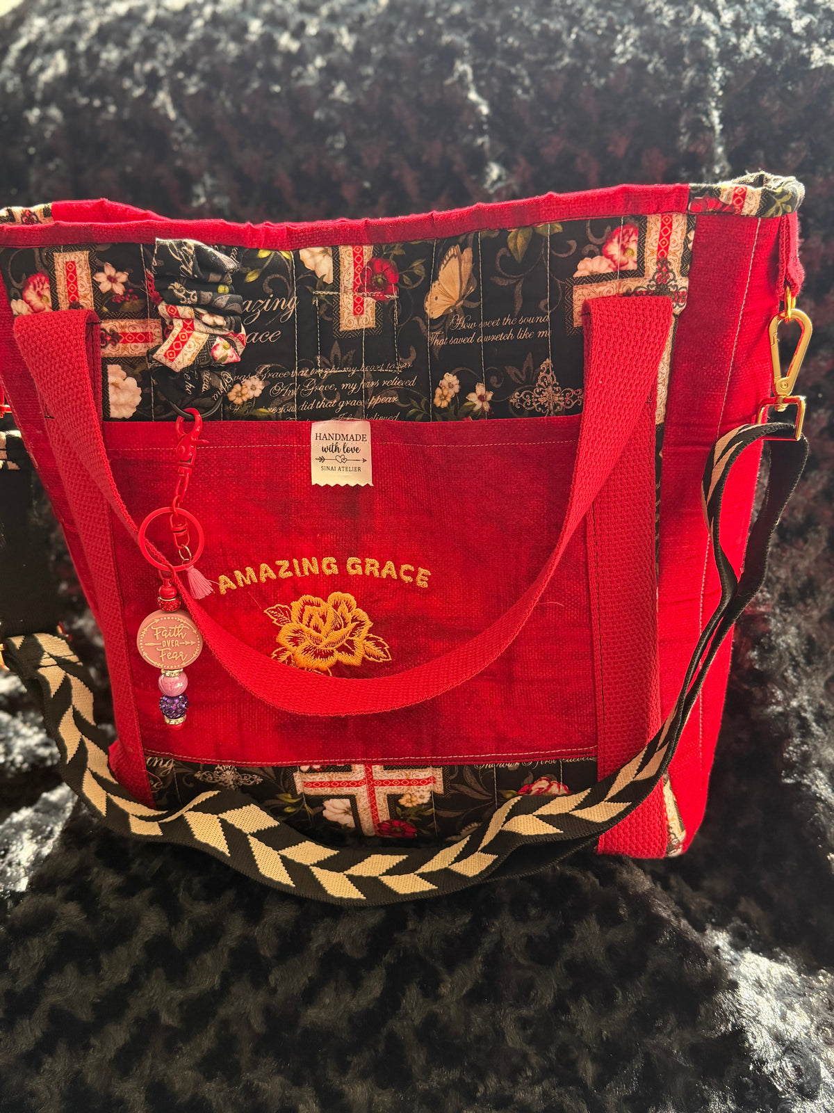 Amazing Grace Red Handmade Quilted Tote Bag