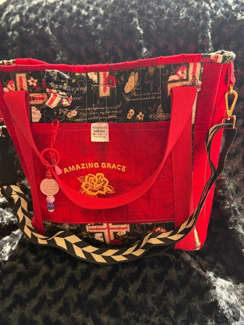 Amazing Grace Red Handmade Quilted Tote Bag