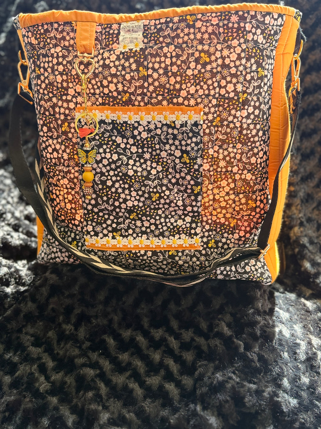 Bees & Blooms Handmade Quilted Crossbody Tote Bag