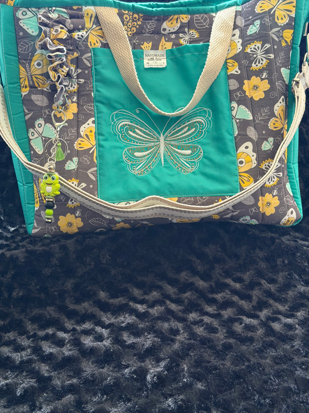 Handmade Embroidered Butterfly Tote Bag – Teal & Floral Print