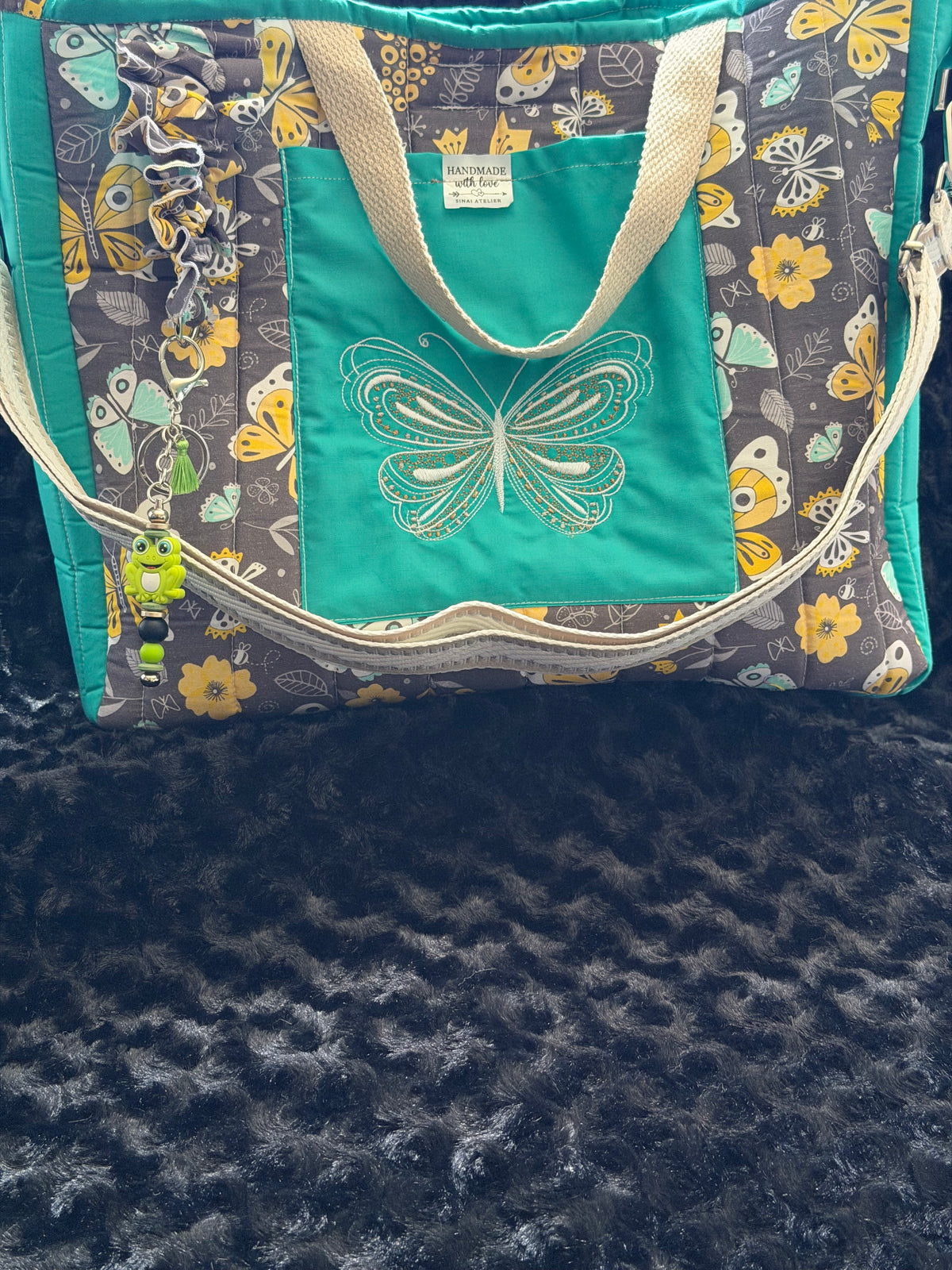 Handmade Embroidered Butterfly Tote Bag – Teal & Floral Print