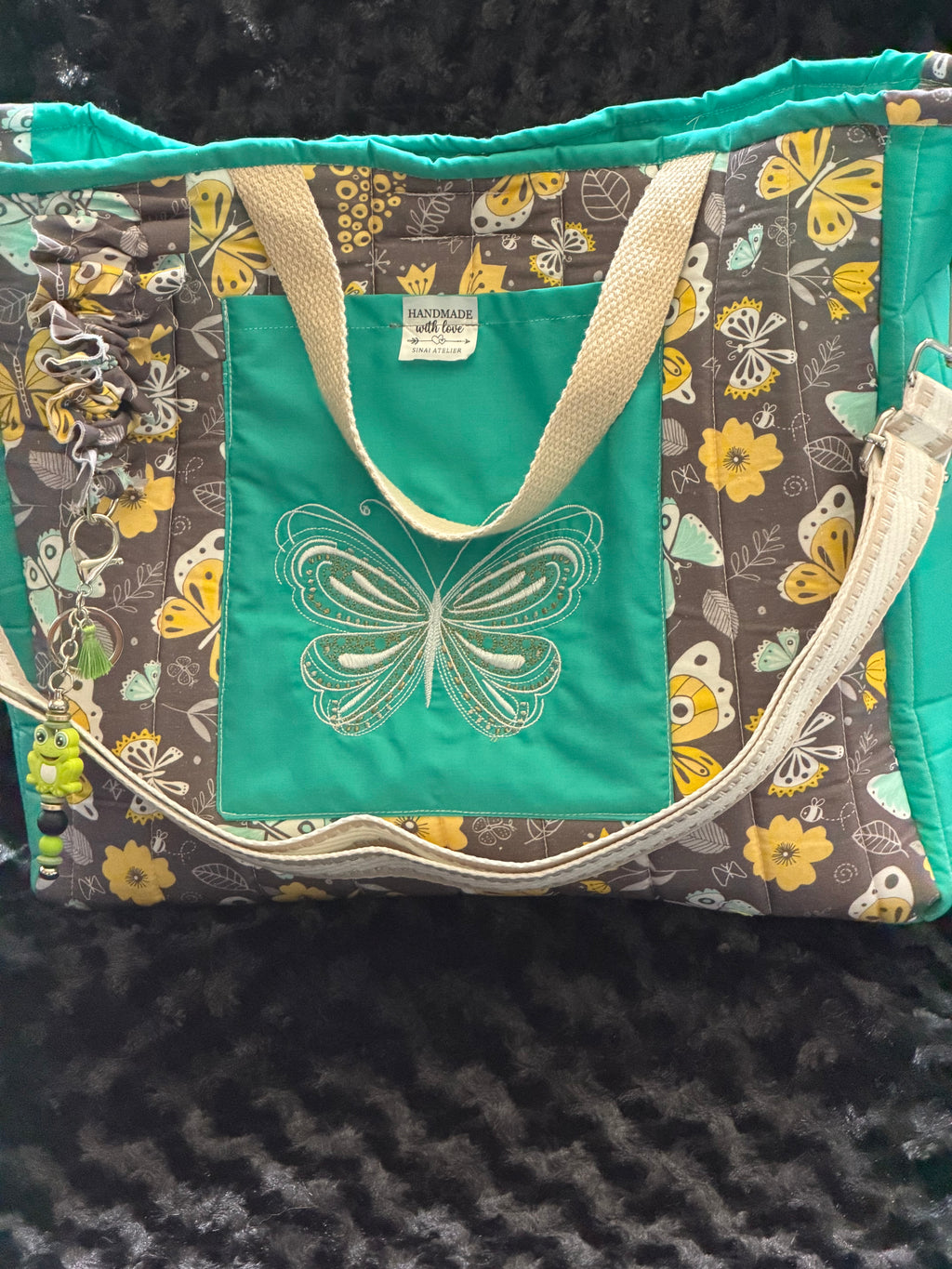 Handmade Embroidered Butterfly Tote Bag – Teal & Floral Print