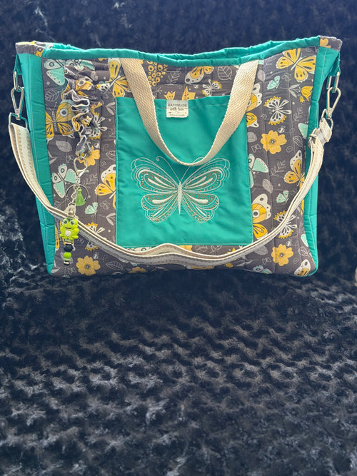 Handmade Embroidered Butterfly Tote Bag – Teal & Floral Print