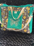 Handmade Embroidered Butterfly Tote Bag – Teal & Floral Print