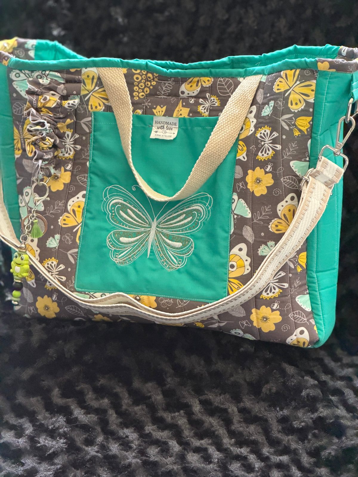 Handmade Embroidered Butterfly Tote Bag – Teal & Floral Print