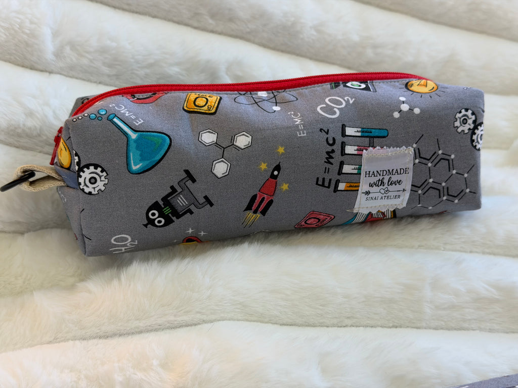 Handmade Science Print Pencil Pouch – Gray STEM Design