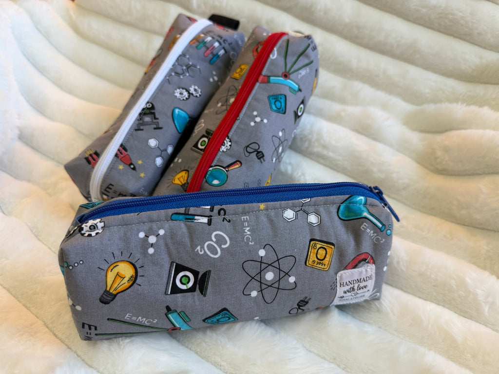Handmade Science Print Pencil Pouch – Gray STEM Design