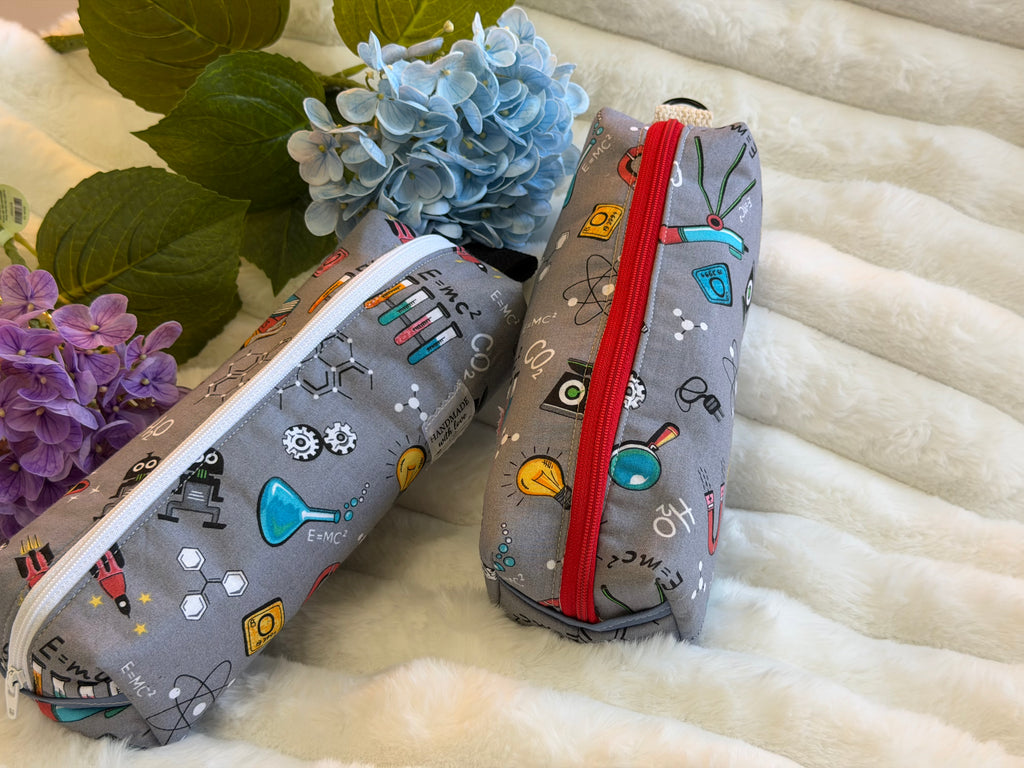 Handmade Science Print Pencil Pouch – Gray STEM Design