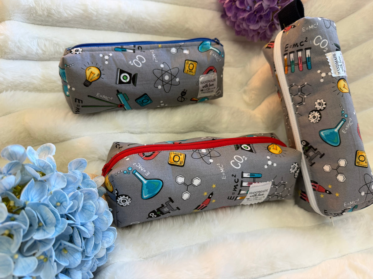 Handmade Science Print Pencil Pouch – Gray STEM Design