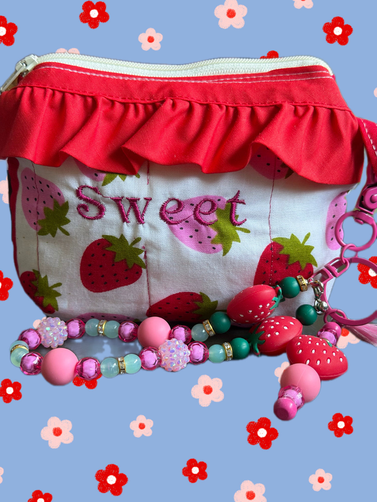 Sweet Strawberry Ruffle Zipper Pouch